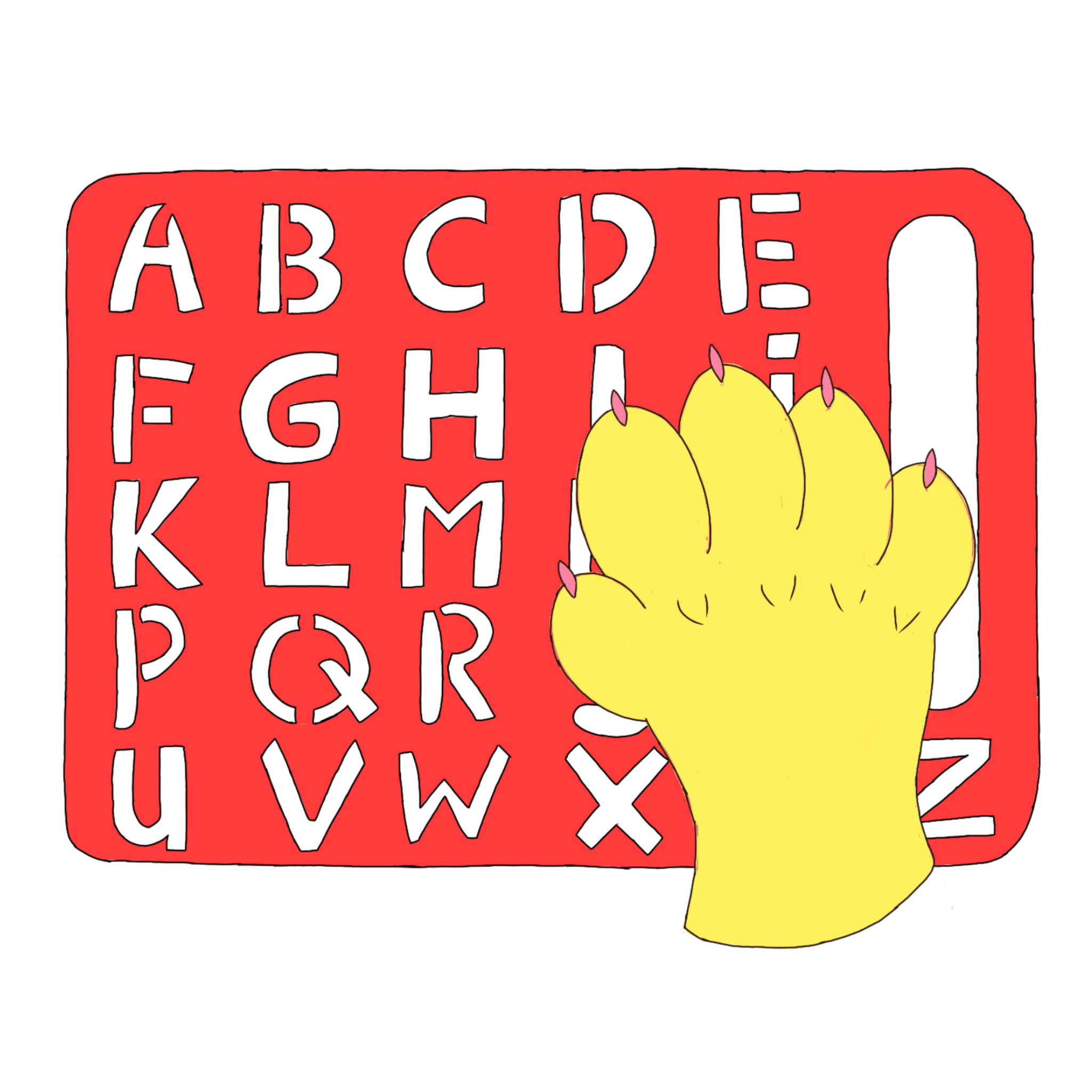 a red abc format stencil style letterboard with black outlines and a yellow paw with pink claws. Paw pointer finger is over I.